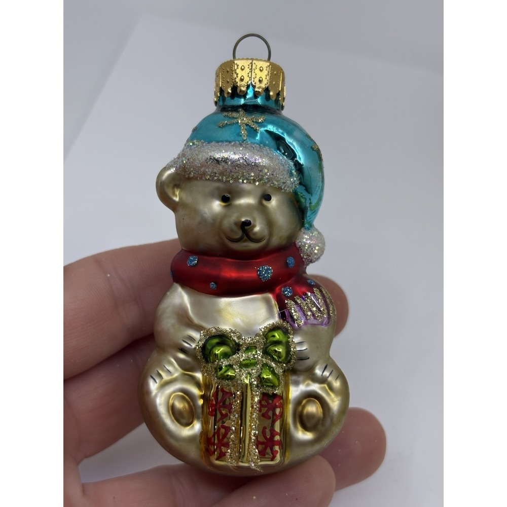 Vtg Mercury Glass Christmas Ornaments Bear Blue Hat Holding Gifts Silver